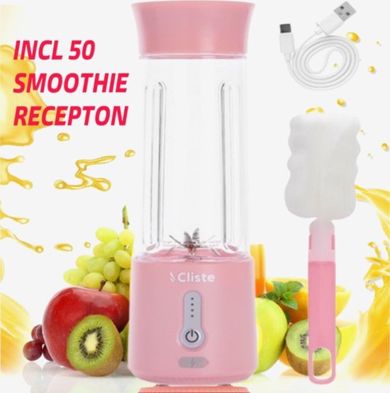 Cliste Draagbare Blender - Blender To Go - Portable Smoothie Blender - USB Oplaadbaar - 500 ml - Roze - Mini Smoothie Maker - USB Oplaadbaar - Fresh Juice Maker - Portable Blender - Roze - Recepten inbegrepen van Cliste