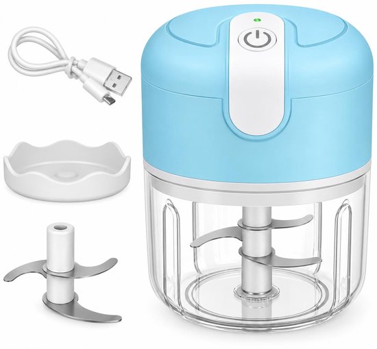 COCHO® Elektrische Hakmolen – USB Oplaadbaar – Mini Chopper 250 ml – Draadloos – Voor Groenten, Babyvoeding & Meal Prep – Licht Blauw + Een snellader van COCHO®