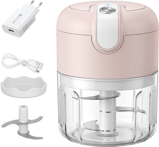 COCHO® Elektrische Hakmolen – USB Oplaadbaar – Mini Chopper 250 ml – Draadloos – Voor Groenten, Babyvoeding & Meal Prep – Roze + Een snellader