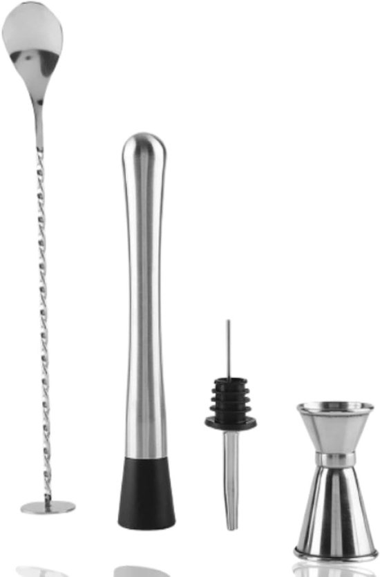Cocktail Muddler Set van 4 Stuks - RVS Muddler, Mixlepel en Jigger voor Bartenders en Drankjes van Merkloos