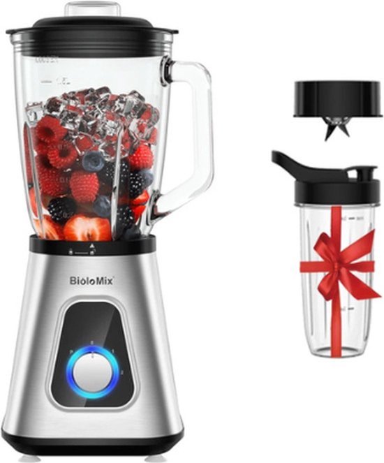 Collox Blender - 2 in 1 mixer - 1300 W - 600ml BPA plastic reisbeker en 1,5 liter glazen pot - 3 snelheidsstanden - Geschikt voor o.a fruit, groenten en ijs - 40x20 cm - Grijs van Merkloos