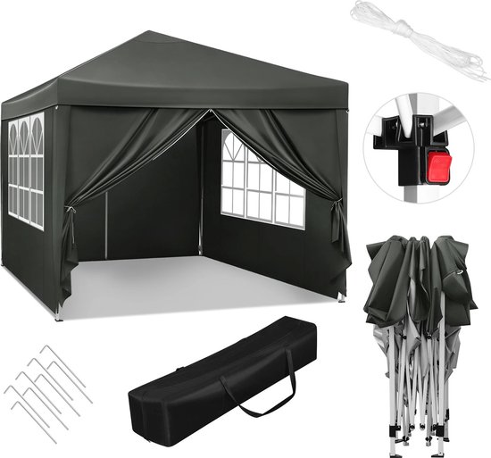 Collox Tent - Opvouwbaar - Tuinhuisje - Waterdicht - Uv bescherming - Met draagtas - Verstelbaar in 3 hoogtes - Zijwanden zijn op te rollen - 300x300x260 cm - Donker grijs van Collox