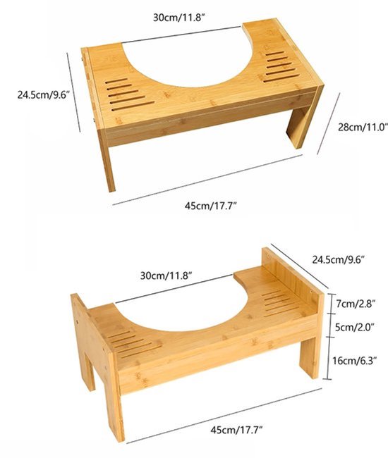 Collox Toiletkruk - Opstapje - Poepkruk - Gezonde houding - Gehurkt - Voor volwassenen en kinderen - In hoogte verstelbaar - Bamboe - 45 x 24,5 x 28 cm van Collox