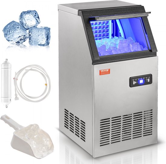 Commerciële ijsblokjesmachine ijsmachine 45 kg / 24 uur, lichte ijsblokjesmachine 12,5 kg ijsopslagcapaciteit 45 stuks ijsblokjes, roestvrijstalen ijsblokjesmachine inclusief waterfilter en ijsschep van Merkloos