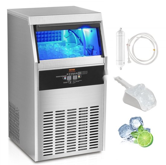 Commerciële ijsblokjesmachine - Professioneel model - Productie 47 kg/24 uur - Opslag 15 kg - Per cyclus 50 ijsblokjes - Roestvrij staal - Met waterfilter en ijsschep van Merkloos