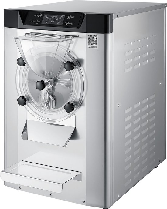 Commerciële Ijsmachine 2000 W 12–20 L/U, Compacte Gelato-Maker met 6 Liter Roestvrijstalen Container (304) en Zelfreinigend Led-Bedieningspaneel voor Snackbars en Restaurants, Zilverkleurig