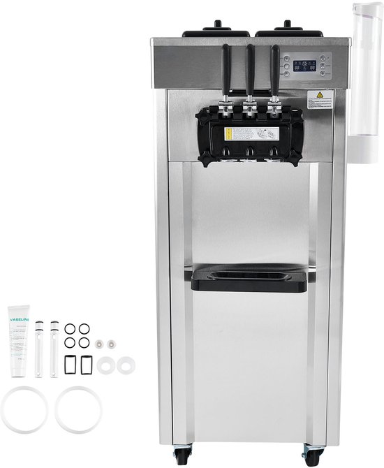 Commerciële ijsmachine 21-31L/u Vrijstaande softijsmachine met 3 smaken, 2 x 4,3L roestvrijstalen container, LED-bediening, automatische reiniging, nachtkoeling van Merkloos