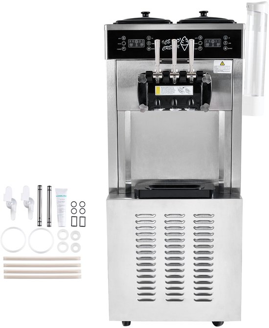 Commerciële ijsmachine, 34-44 l/u capaciteit, 1850 W, vrijstaande softijsmachine met 3 smaken, 2 x 9 L roestvrijstalen containers, LED-bedieningspaneel, één cilinder en nachtkoeling van Merkloos