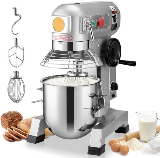 Commerciële Keukenmixer - Planetaire Standmixer/Deegmixer - 18,7 L Capaciteit - 1100 W Motor - 3 Snelheden - RVS Kom - 3 Opzetstukken van Merkloos