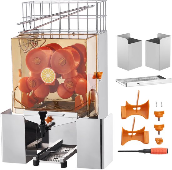 Commerciële Sinaasappelpers van , 120 W, Automatisch, Sap Maken met Een Kraan, Roestvrij Staal, Perst 20 Sinaasappels Per Minuut, met Uittrekbare Filterbox, PC-Deksel En 2 Opvangbakken
