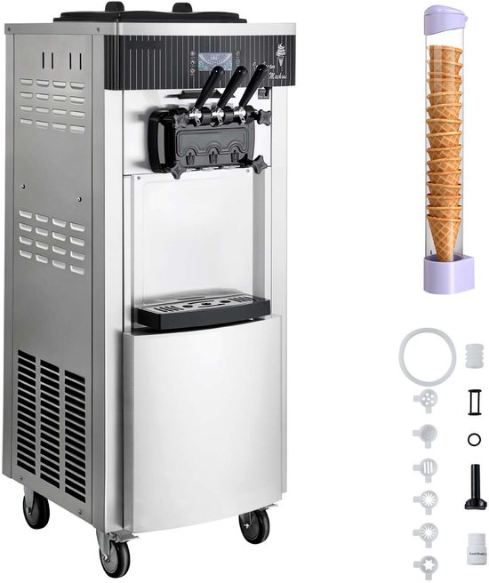 Commerciële Softijsmachine 2200 W, Vrijstaande Ijsmachine met Een Capaciteit van 20-28 L/U, Voorzien van 3 Smaken en 2 Containers (6 L), met Voorkoeling en Zelfreinigingsfunctie voor Snack- en Dessertzaken