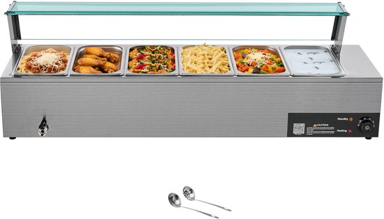 Commerciële Voedselverwarmer (6 X 1/3 Formaat Bakken), 1,5 KW Elektrische Roestvrijstalen Verwarmer met Glazen Deksel en Lepel, Warmhoudapparaat voor Catering, Horeca en Evenementen