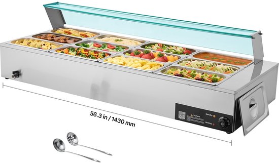 Commerciële Voedselverwarmer - Elektrische Bain-marie/Chafing Dish - Vermogen 1,7 kW - Set 12x GN 1/3 Bakken - RVS - Glazen Deksel - Met Soeplepel