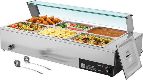 Commerciële Voedselverwarmer met 6 Halve Containers, 1,5 kW Elektrische Roestvrijstalen Verwarmer met Glazen Deksel en Lepel, Ideaal voor Catering, Restaurants en Evenementen