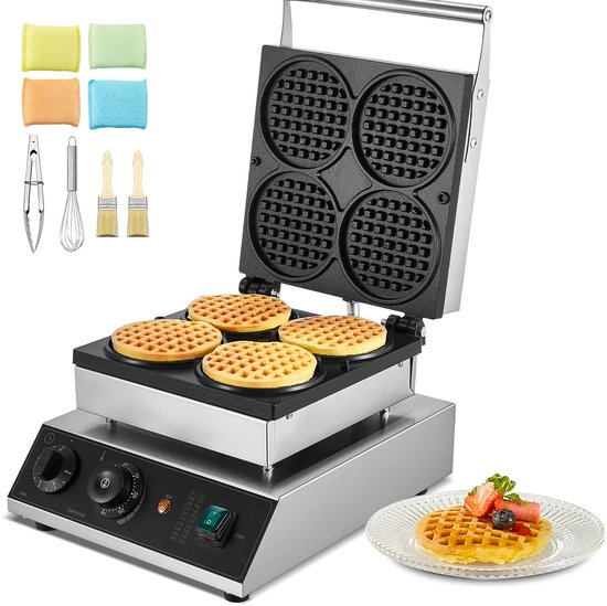 CommerciëLe Wafelmaker, 4-Delig, Rond, 1750 W, Roestvrij Staal met Antiaanbaklaag, Temperatuur- En Tijdregeling, voor Restaurant, Bakkerij, Snackbar, Familie