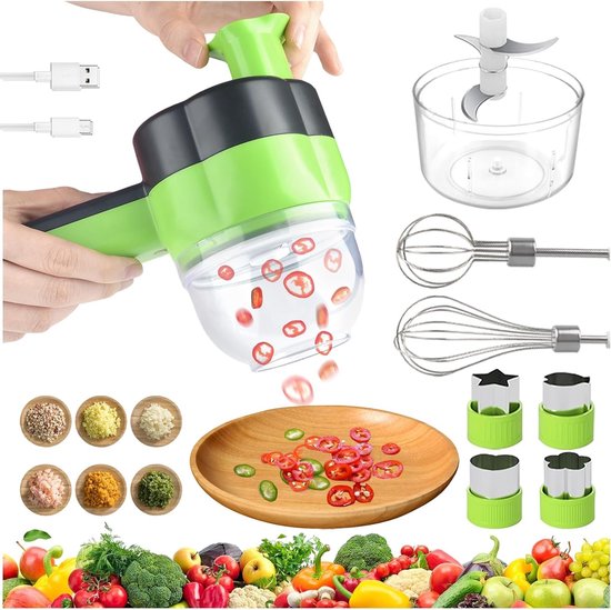 Compacte 4-in-1 Elektrische Voedselhakker en Mini Blender voor Groenten, Fruit en Vlees met USB Oplaadfunctie, Ideaal voor Koken en Bereiden van Maaltijden van Merkloos