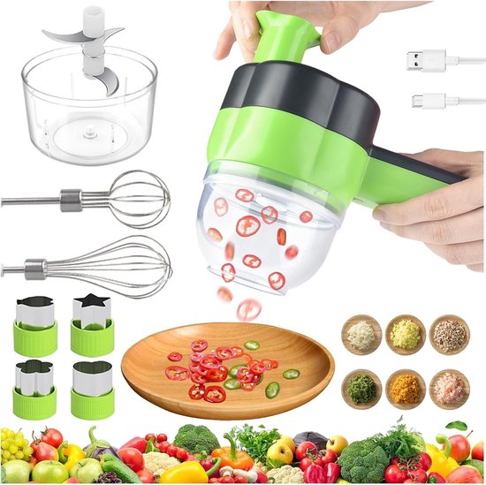 Compacte 4-in-1 Elektrische Voedselhakker en Mini Blender voor Groenten, Fruit en Vlees met USB Oplaadfunctie voor Eenvoudig Koken en Bereiden van Maaltijden