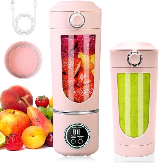 Compacte 700ml Smoothie Mixer met 12 RVS Bladen en Digitaal Display - Oplaadbare Mini Blender voor Reizen, Fitness en Keuken (Roze)