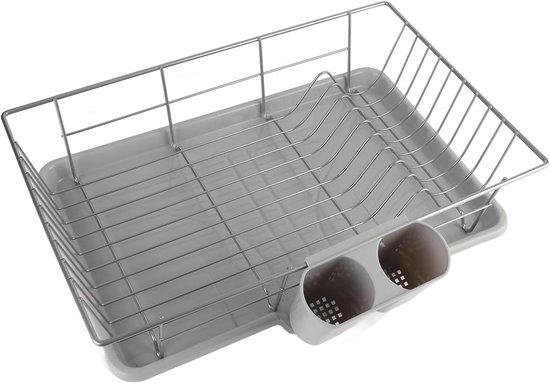 Compacte metalen afwasrek met geïntegreerde druipplaat, ideaal voor aanrecht en het drogen van vaat