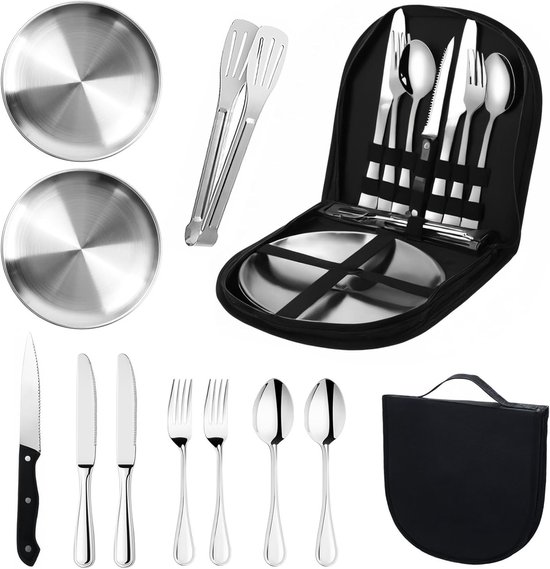 Complete Camping Servies Set voor 2 Personen - 12-delige RVS Picknick Set, Draagbaar Bestek voor Buiten, Ideaal voor Kamperen, BBQ en Picknicken