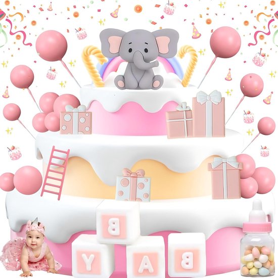 Complete Set van 20 Stuks Taartdecoraties met Olifanten, Roze Versiering voor Verjaardagen en Babyshowers, DIY Taart Toppers en Decoratie Accessoires van Merkloos
