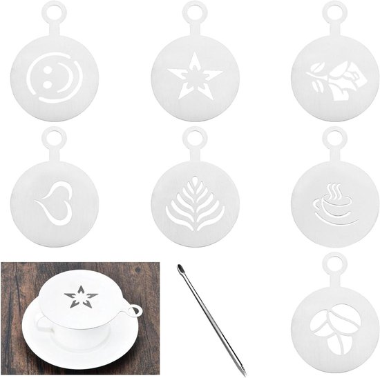 Complete Set van 7 Koffie Accessoires met Latte Art Sjablonen en RVS Decoratie Stencils voor Perfecte Koffiecreaties