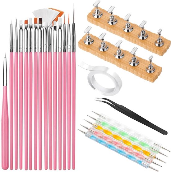 Complete Set voor Nagelkunst met 15 Penseelsets, 5 Dotting Tools en Nagelstandaard voor Beginners en Professionals