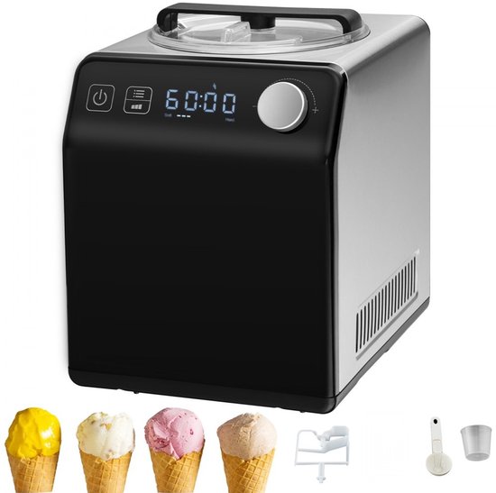 Compressor-IJsmachine - Huishoudelijke Ijsmaker - Capaciteit 2 L - Vermogen 180 W - Drie Programma's - Sorbet/Gelato/Frozen Yoghurt - Laag Geluidsniveau - Zwart van Merkloos