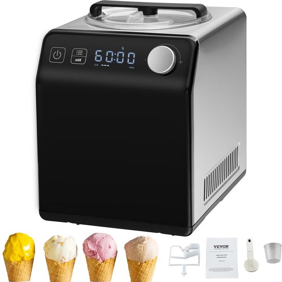 Compressor-ijsmachine IJsmachine 2 l, 180 W Frozen Yoghurt Maker IJsmachine 3 standen Yoghurtmachine Huishoudelijke draagbare ijsmachine Sorbet Gelato Geluidsarm Zwart Elektrisch van Merkloos