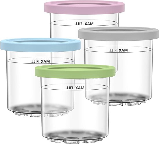 Containers Vervanging voor Ninja Creami Pints en Deksels - 4 Pack - 16oz Cup - Compatibel met NC301 NC300 NC299AMZ Serie - IJsmachine BPA Vrij - Vaatwasmachinebestendig - Lekvrij . van Merkloos