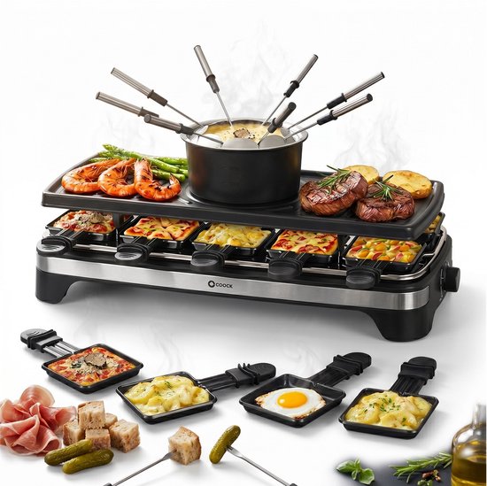 Coock Gourmetstel en Fondue Set 2-in-1 - Raclette voor 8-10 Personen - Inclusief 8 Fonduevorkjes & 10 Pannetjes - 1500W - XL Bakplaat - RVS