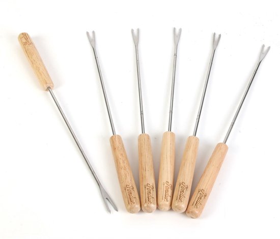 Cook Concept Chocolade of kaas fondue vorken - 6x stuks - metaal/hout - 22 cm - losse extra vorkjes