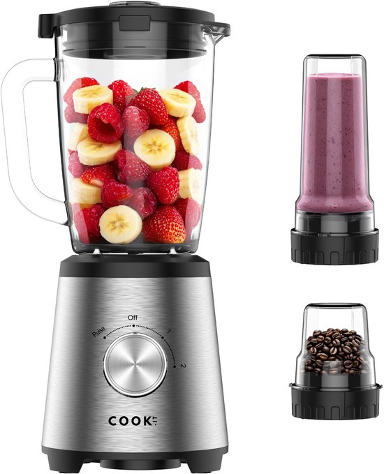 COOK-IT 3-in-1 Blender - 1500W - RVS Design - Glazen Blenderkan 1,75L - Kruidenmolen 200ml - Smoothie Meeneembeker 600ml - 2 Snelheden + Pulsefunctie - Krachtige Multifunctionele Keukenmixer van COOK-IT