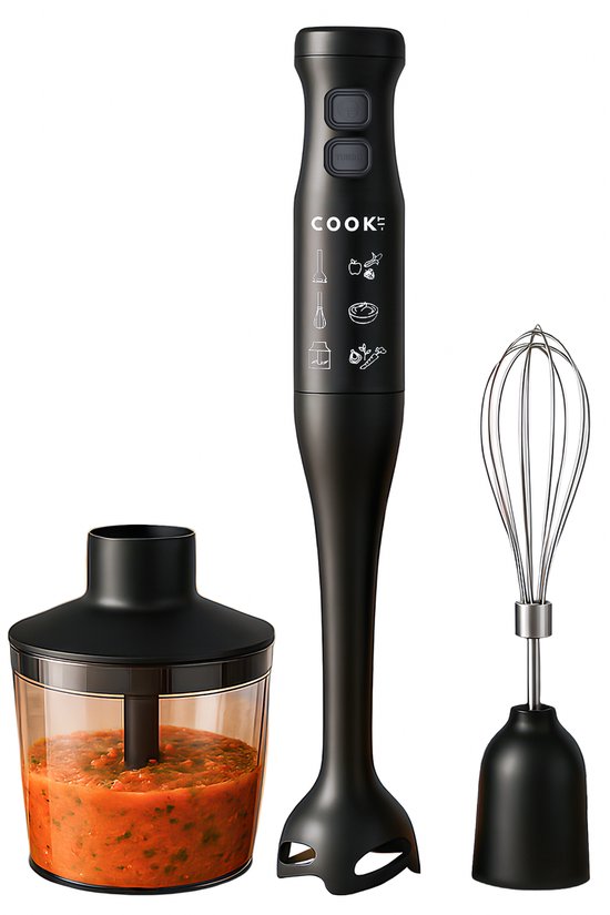 COOK-IT 3-in-1 Staafmixer - 2 Snelheden (Normaal & Turbo) - Krachtig Mengen & Pureren - Inclusief Hakmolenbeker & Garde - Voor Snelle en Veelzijdige Keukenbereidingen van COOK-IT