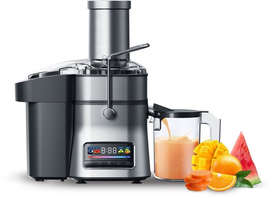 COOK-IT JUICER PRO - Roestvrijstalen Sapcentrifuge - Kleurrijk LED-displaypaneel - Drukknopschakelaar met 6 Snelheden - 3 Vooraf Ingestelde Programma’s - Extra Grote Vulschacht 84 mm - 1L Sapkan met Schuimscheider - 2,5L Pulpcontainer - RVS Microzeef van Merkloos