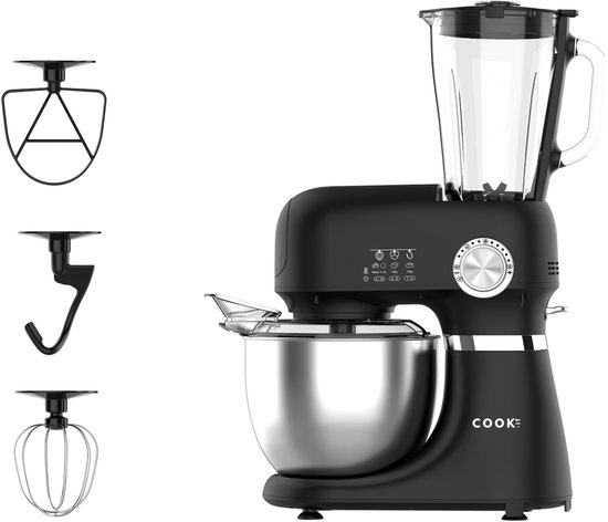 COOK-IT Keukenmachine 2-in-1 – Multifunctionele Keukenrobot met Blender – Keukenmixer met RVS Mengkom – Mixen, Kneden en Kloppen – Zwart