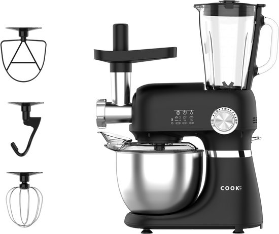 COOK-IT Keukenmachine 3-in-1 – Keukenrobot met Vleesmolen en Blender – 1300W – 5L RVS Mengkom – 1,75L Glazen Blenderkan – 12 Snelheden – Keukenmixer – Zwart