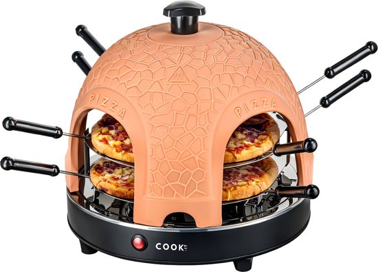 COOK-IT Pizza Oven 8 Personen - Mini Pizzaoven 1150W - Pizza Oven voor op Tafel - Terracotta Koepel - Inclusief 8 Pizzaspatels