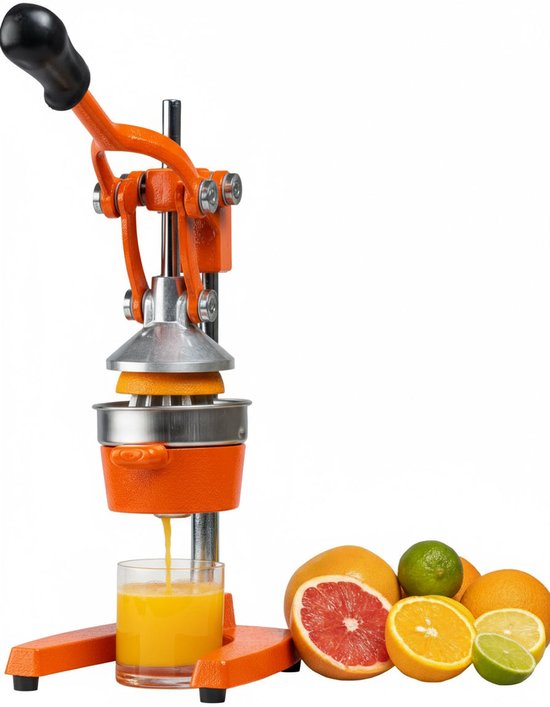 Cookinglife Gietijzeren Citruspers - Handmatige sinaasappelpers met pershendel en pulpfilter - O.a. geschikt als limoenpers, citroenpers of sinaasappelpers - Hevelmodel Oranje - Horeca Geschikt van Merkloos