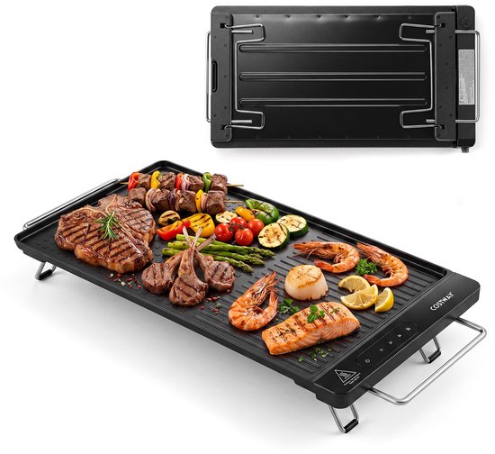 COSTWAY 1300W elektrische bakplaat, teppanyaki grill met afneembaar touchscreen, temperatuurregeling en antiaanbaklaag, plancha elektrische grill met vetopvangbak voor gezinnen, zwart