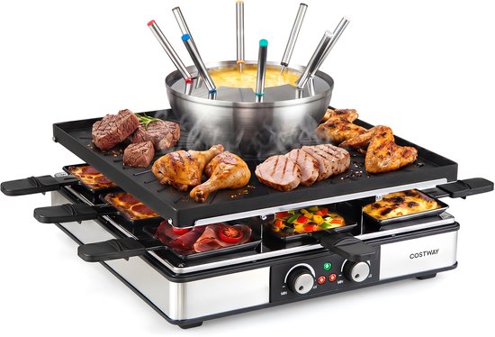 COSTWAY 3-in-1 raclette-grill en fondue, 2200 W, elektrische grill voor 8 personen - Met anti-aanbakplaat en 8 pannen, elektrische grill met dubbele thermostaat, 8 houten spatels en 8 fonduegaten
