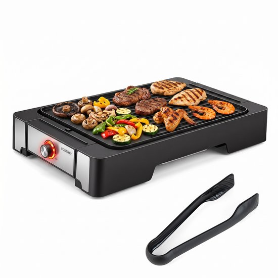 COSTWAY Elektrische Grill, 2300W Tafelgrill met Antiaanbakgrillplaat - BBQ Grill met 2 Verhittingszones & Vetopvangschaal, Elektrische Balkongrill incl. Grilltang, voor Kamperen & Balkon, 53x31x8,5 cm