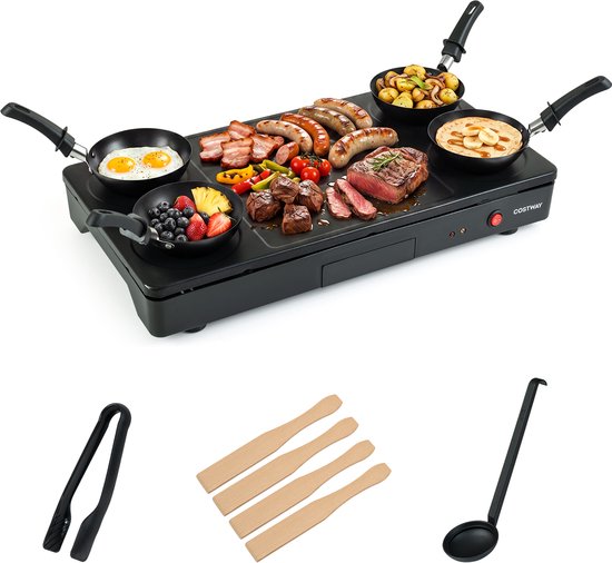 COSTWAY Elektrische Plancha met 4 Mini Woks Antiaanbaklaag Raclette-apparaat | Grilltang, Lepel, Houten Spatels en Vetopvangbak, Elektrische Tafelgrill Binnen en Buiten