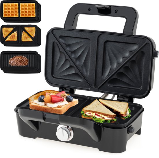 COSTWAY Elektrische sandwichmaker, 1200 W, 3-in-1 wafelijzer, panini-pers en sandwichtoaster, draagbare contactgrill met 6 afneembare antiaanbakplaten en 5 temperatuurregelingen van Costway