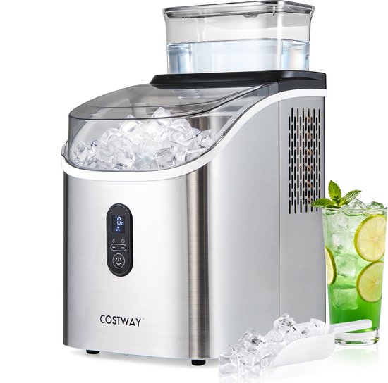 COSTWAY IJsblokjesmachine, 1,5 l, 15 kg in 24 uur | IJsmachine 16 ijsblokjes in 13 min, ijsblokjesmaker incl. schep / timer / zelfreinigingsfunctie (zilver)