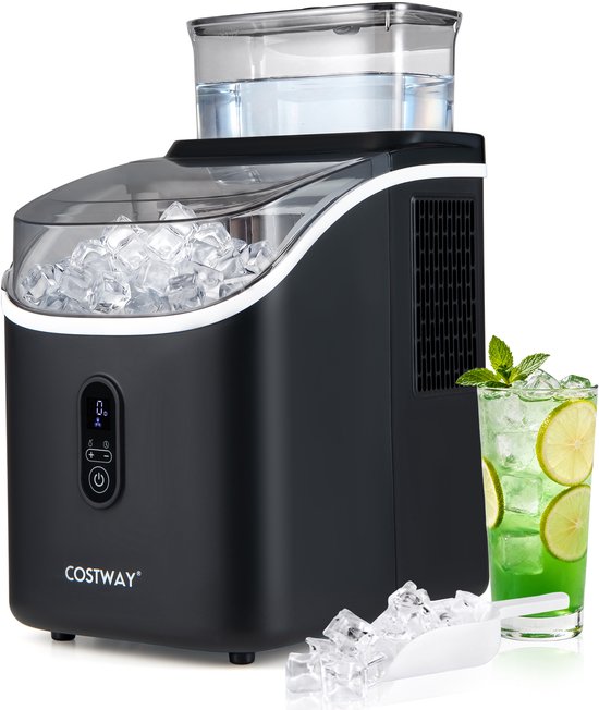 COSTWAY IJsblokjesmachine, 1,5 l, 15 kg in 24 uur | IJsmachine 16 ijsblokjes in 13 min, ijsblokjesmaker incl. schep / timer / zelfreinigingsfunctie (zwart)