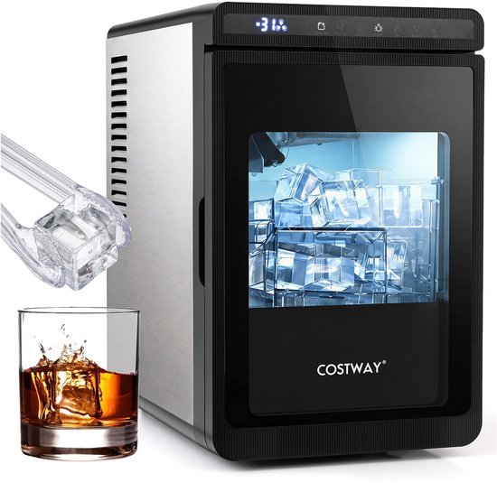 COSTWAY IJsklontjesmachine - IJsmachine, 3 stuks in 20 minuten | met 2 modi, 24-uurs timer & reinigingsmodus, 4 cm vierkante ijsklontjes, langzaam smeltend, voor whisky, cocktails, bourbon