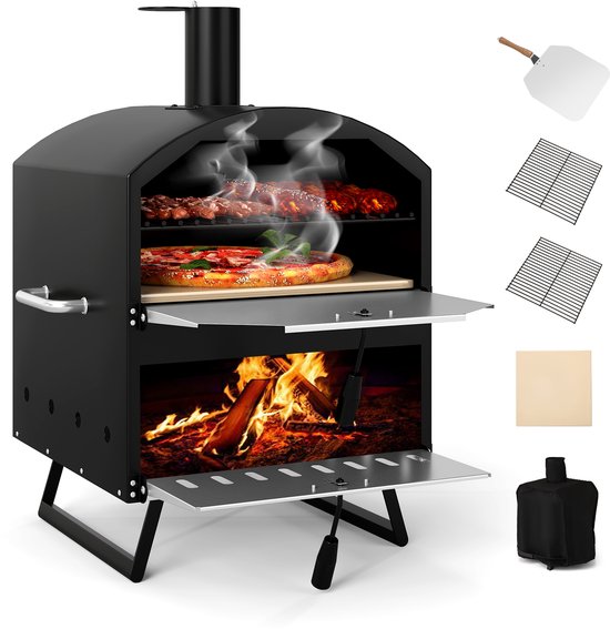 COSTWAY Outdoor pizzaoven, 2-laags pizzaoven met grillrooster, pizzaschep, vierkante steen, waterdichte afdekking, draagbare brander, houtkachel voor picknick, BBQ-party, camping