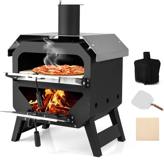 COSTWAY Outdoor Pizzaoven, Pizza Oven met Pizzaschep, Pizzasteen, waterdichte afdekking, roestvrijstalen dak & hittebestendige handgrepen, draagbare brandoven, houtoven voor picknick, BBQ-feest