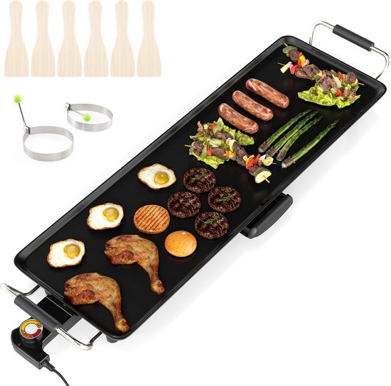 COSTWAY Teppanyaki Elektrische grillplaat, 70 cm, antiaanbaklaag, BBQ-grill met instelbare temperatuur, thermostaten en lekbak, voor binnen en buiten